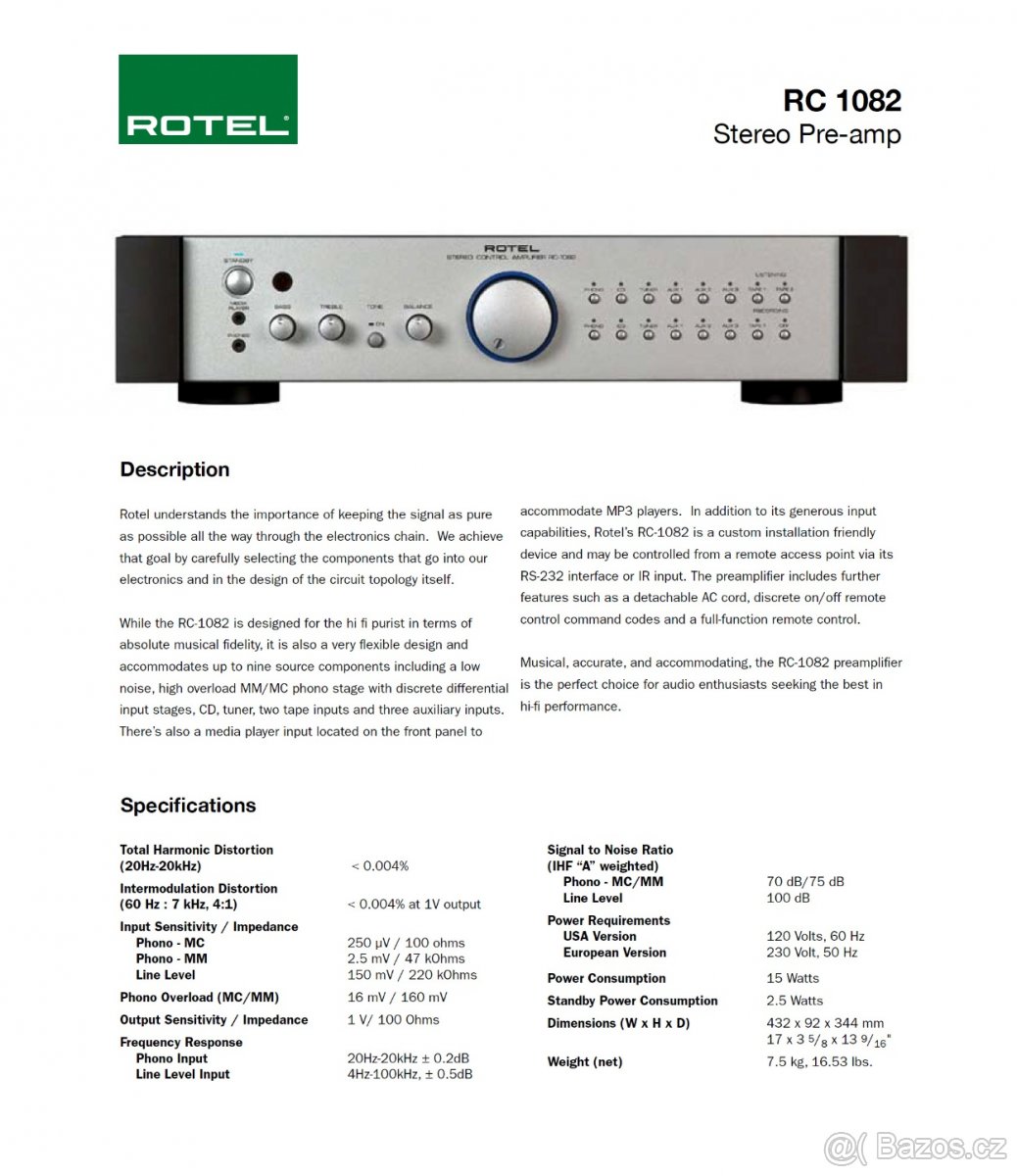 ROTEL PŘEDZESILOVAČ 1082 a KONCOVÝ ZESILOVAČ 1092