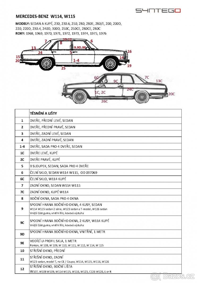 Mercedes-Benz W114, W115 - Těsnící Gumy a Lišty