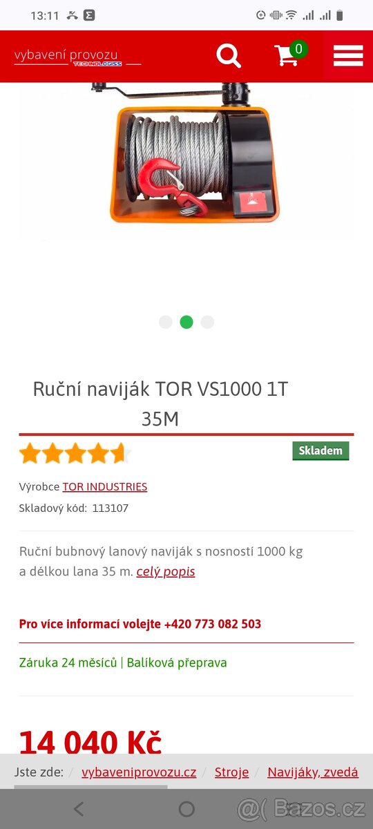 Ruční naviják TOR VS1000 1T 35M
