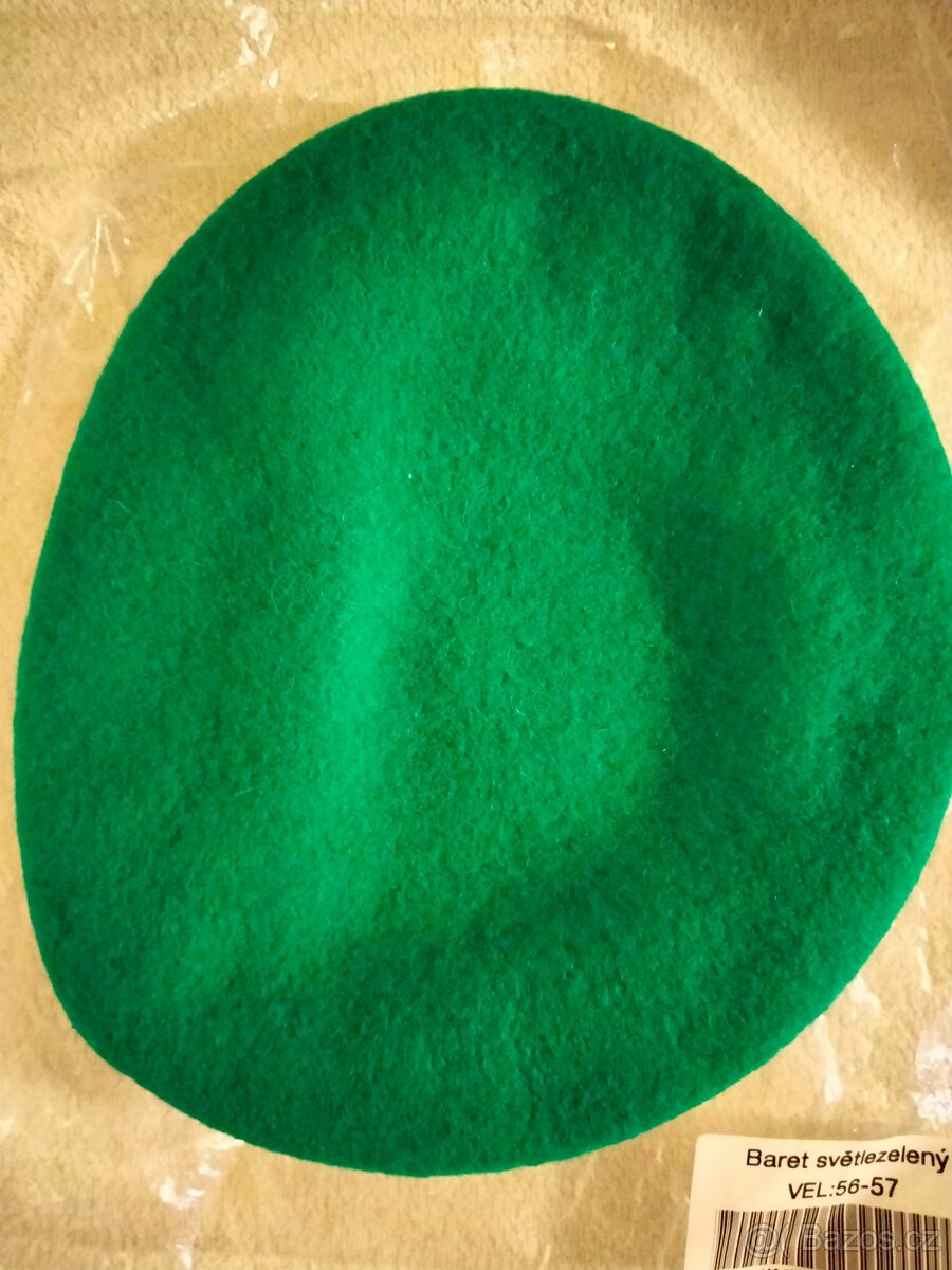 Baret vel. 56-57, prodám nový nepoužitý baret světle zelený.