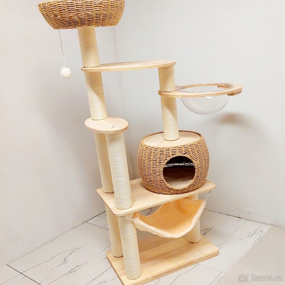 142 cm přírodní škrabadlo pro kočky s pelíškem - nové