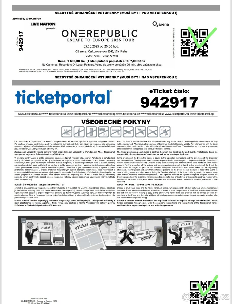 One Republic ne 5.10.2025 2 lístky na stání