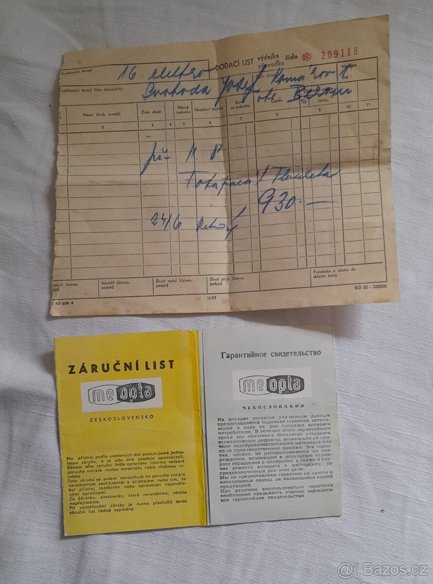 Záruční a dodací list Flexaret VI (Meopta)