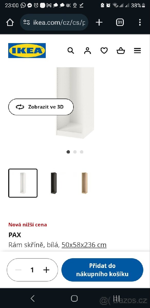 IKEA PAX
Rám skříně, bílá, 50x58x236 cm