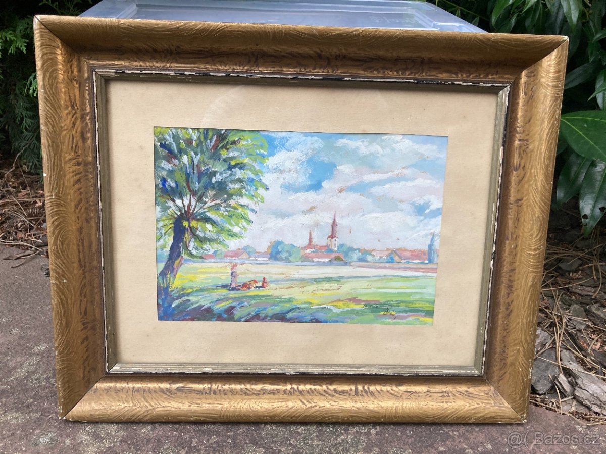 Obraz kostel a vesnice,zlatý rám,rozměr 39x31 cm