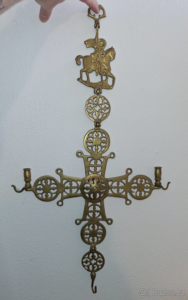 vintage byzantský bronzový křížový závěsný svícen