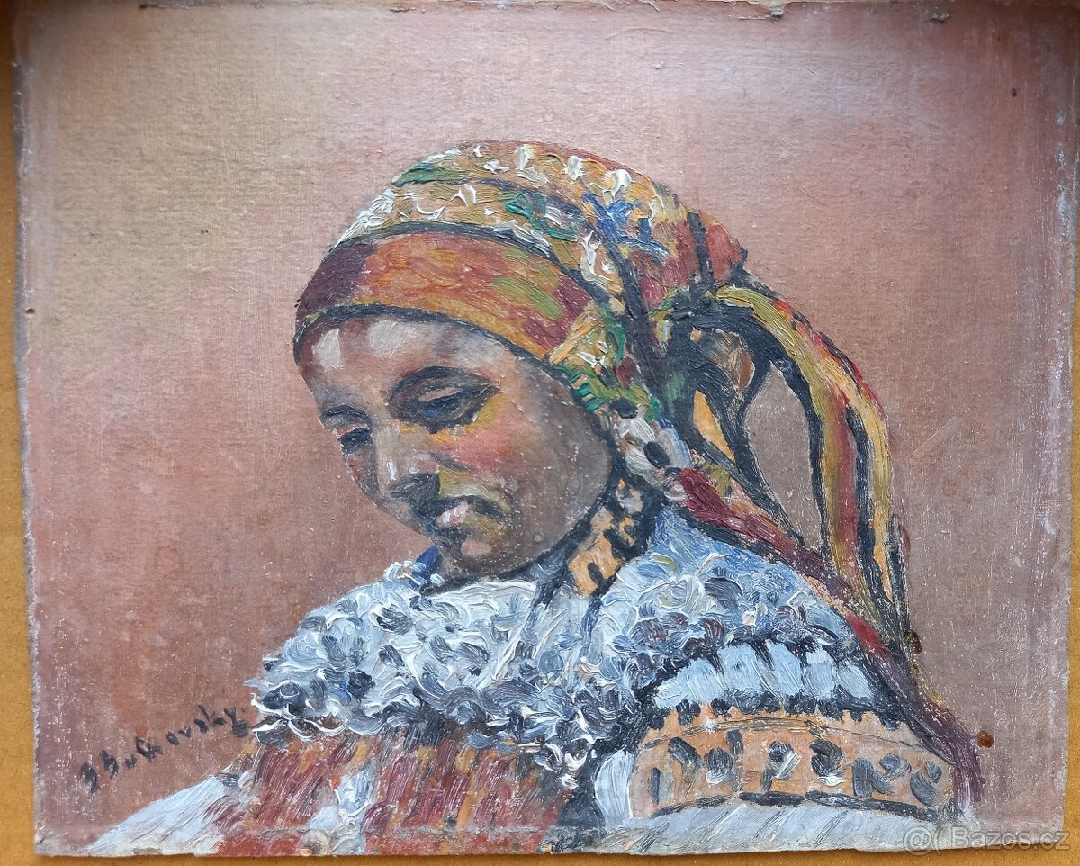 Dva oleje. Muž a žena ve folklórním oděvu, sign. B. Bukovský