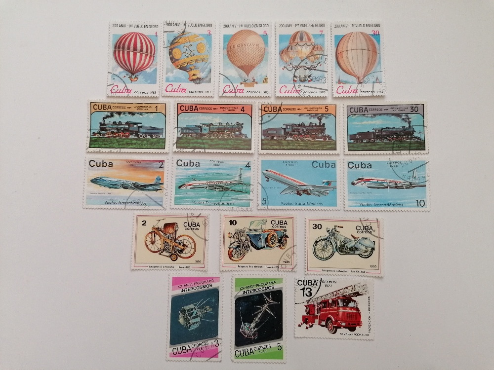 27x známky Kuba rostliny hmyz lokomotivy letadla balóny