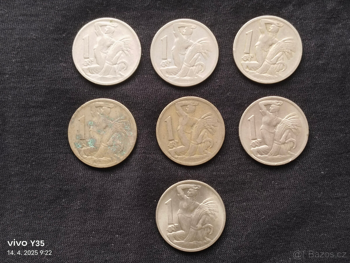 7x 1 kč 1922, 23, 24, 25, 29, 37, 38 Československo