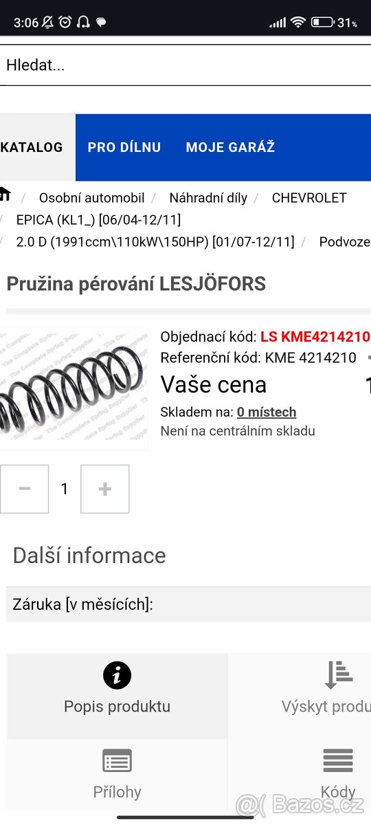 Chevrolet epica Pružina pérování LESJÖFORS