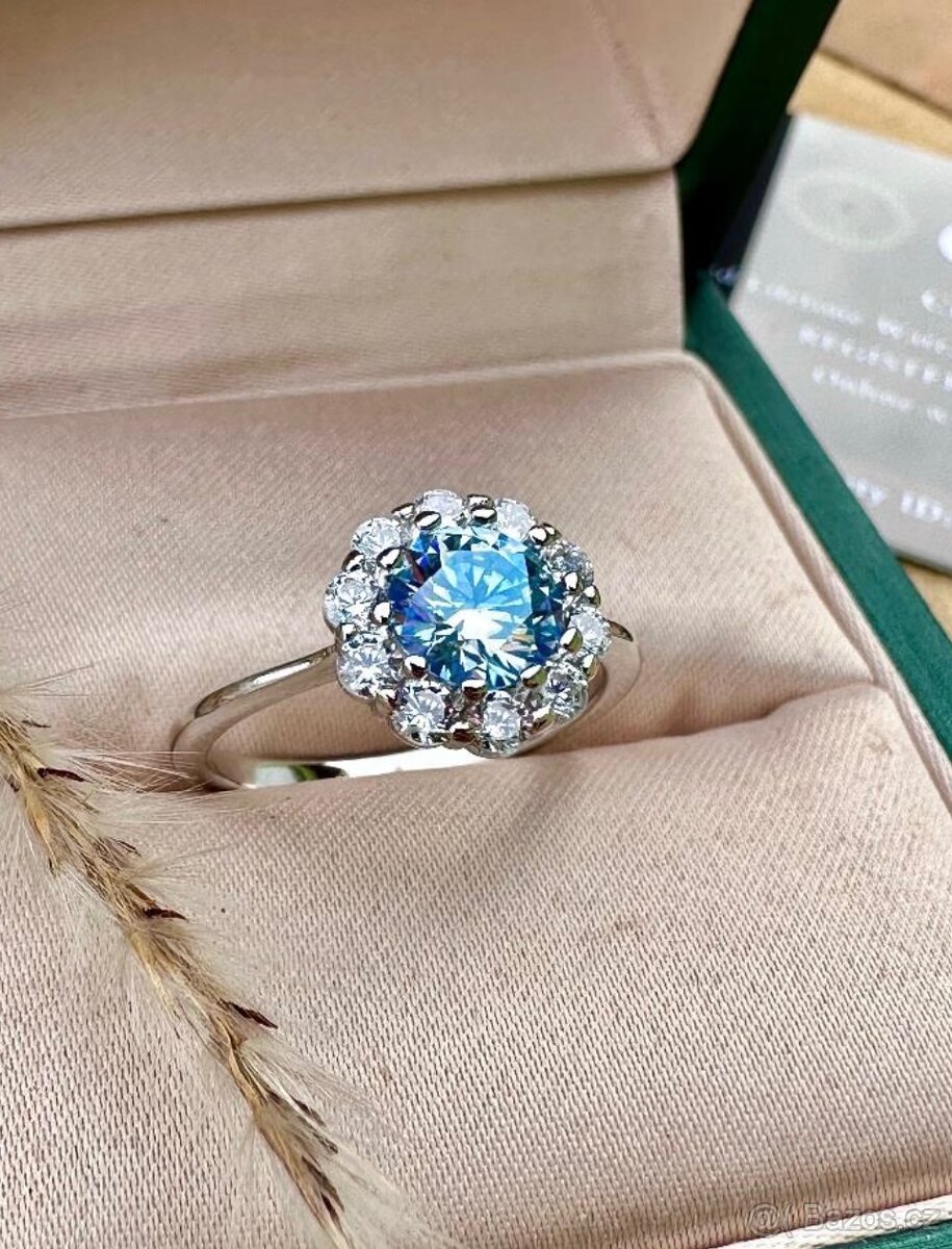 1 ct. moissanite modrý diamantový Snubní prsten diamant 925