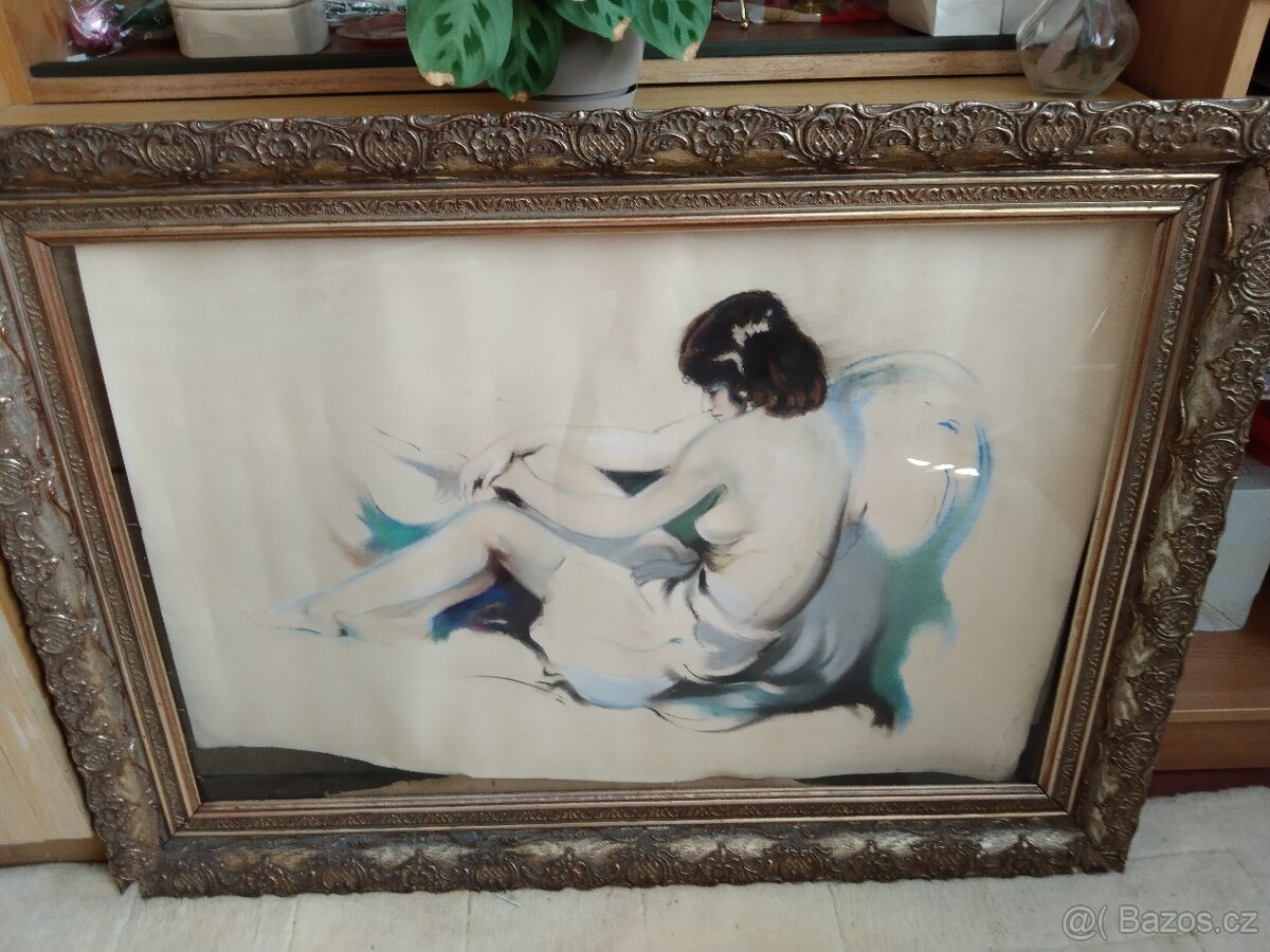 Prodám starý obraz akt ženy kresba papir