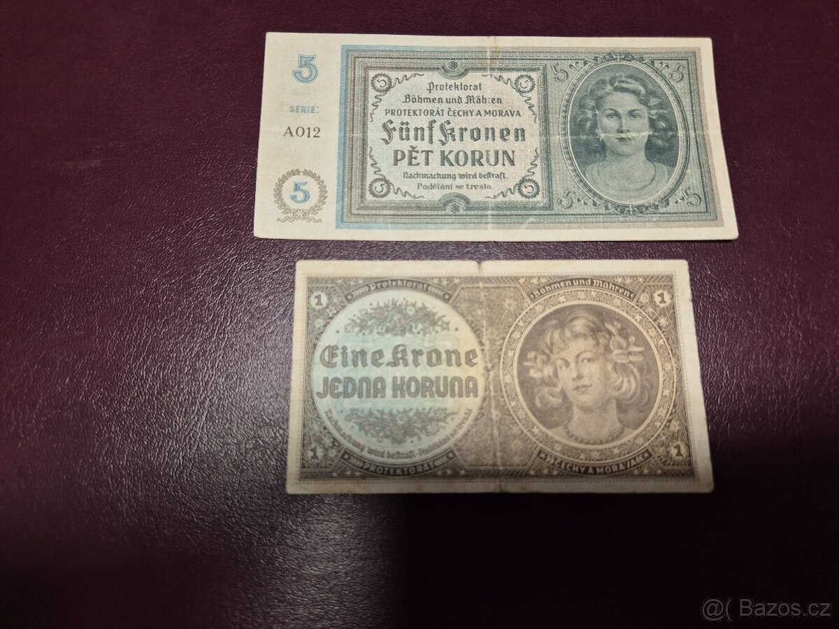 Bankovky protektorátni 1 a 5 Korun