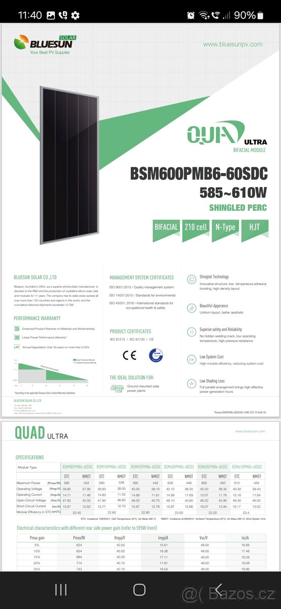 Fotovoltaické panely Bluesun Bifacial