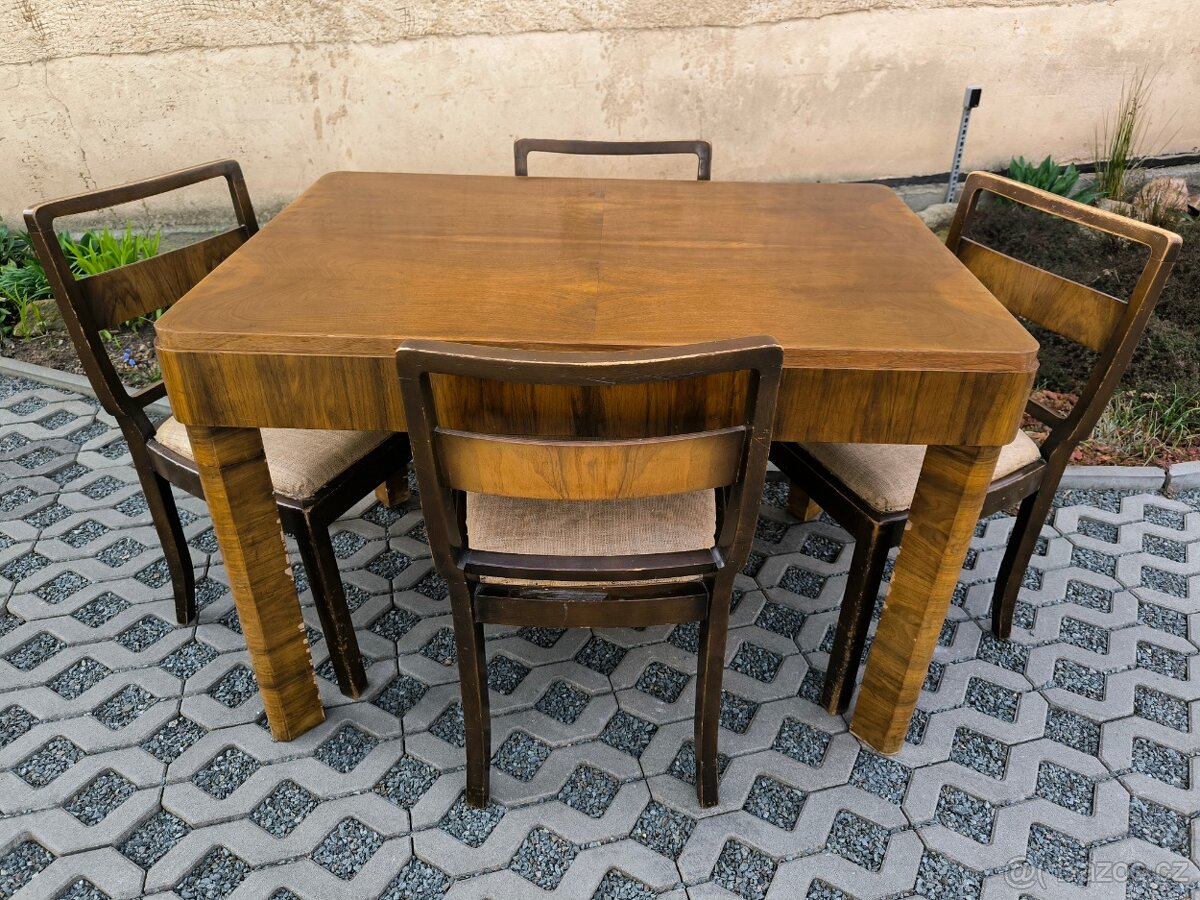 Starožitný Art Deco jídelní stůl+ 4 židle