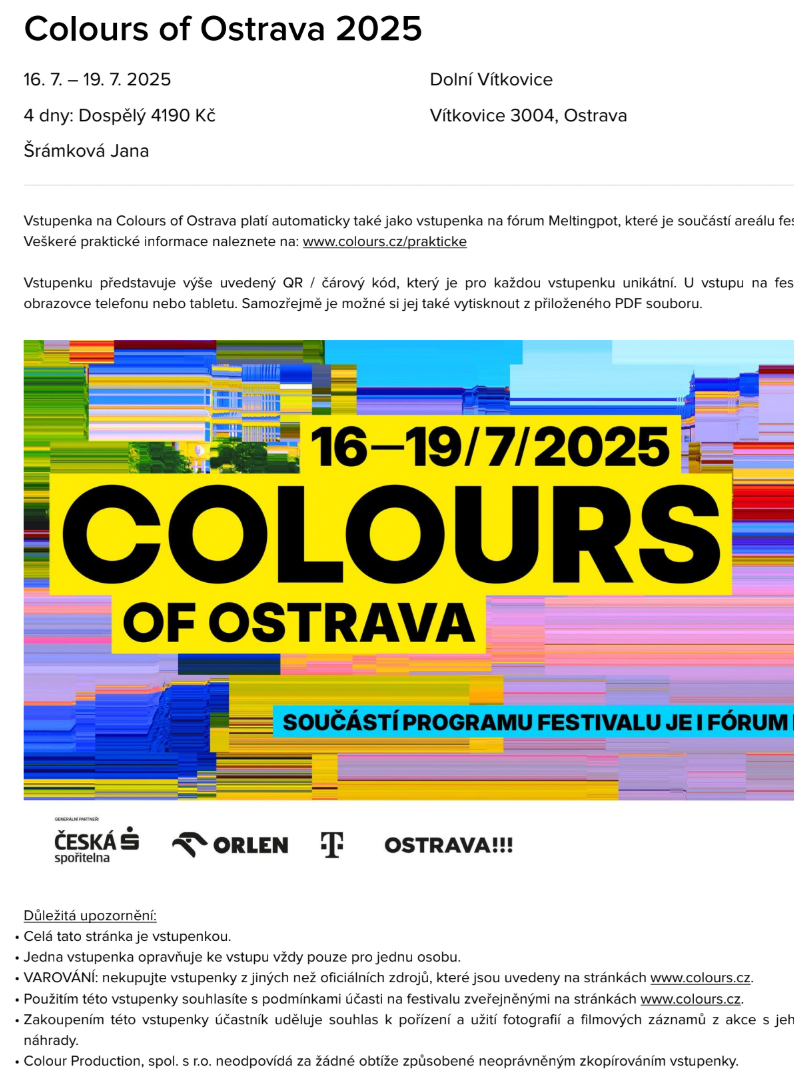 Prodám 1x 4denní vstupenku na colors