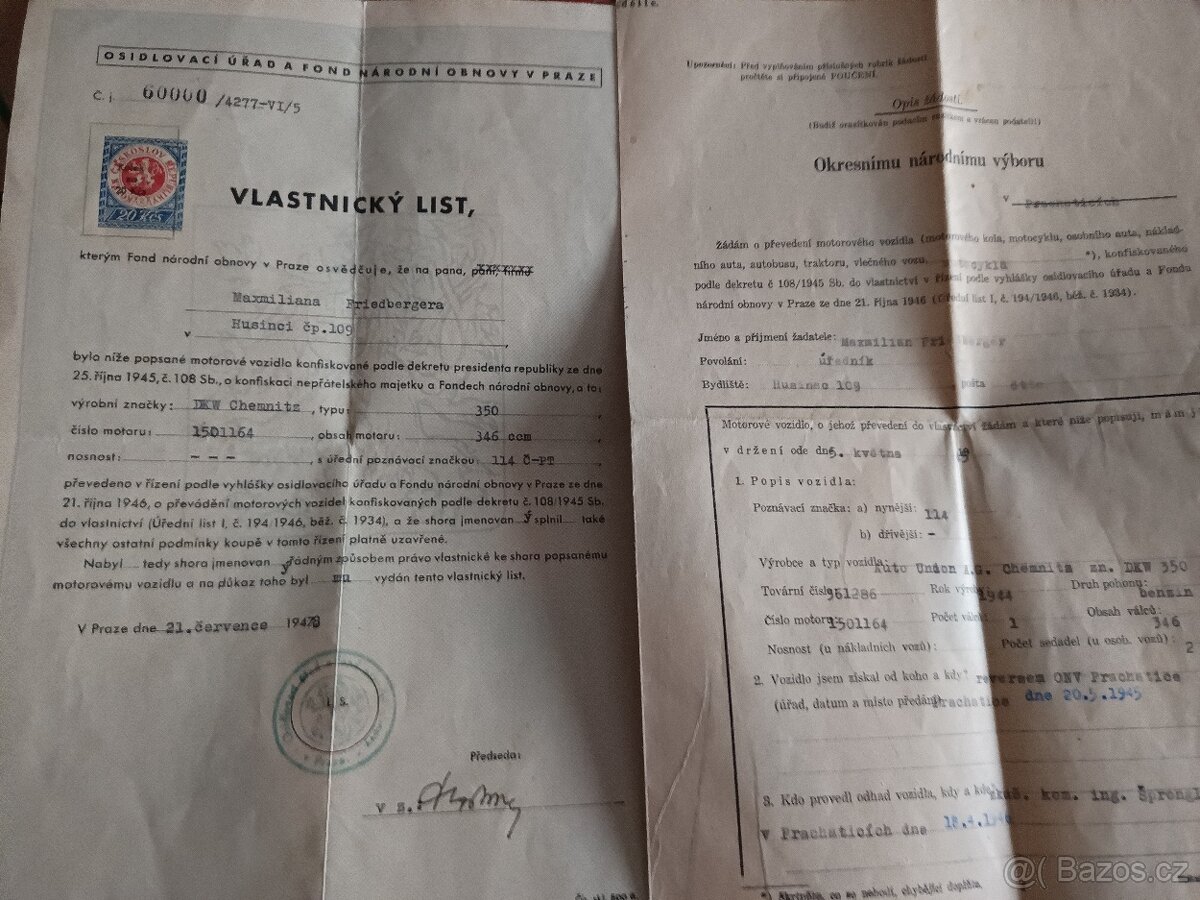 DKW NZ 350 doklady o převodu do osob. vlastnictví rok 1945