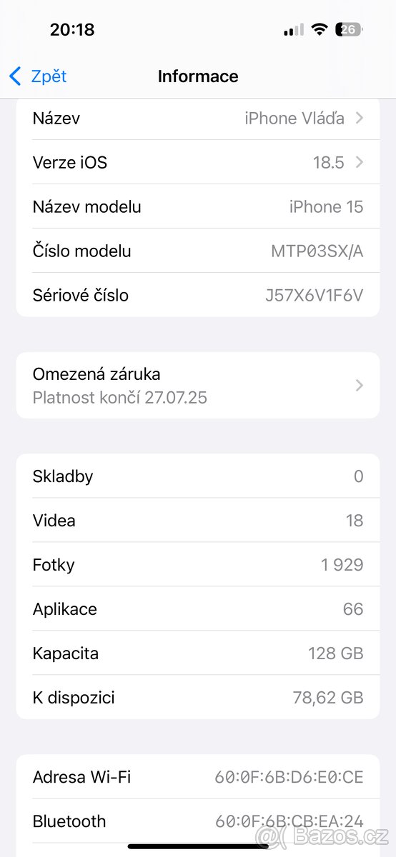 iPhone 15 Black, 128 gb, záruka TOP stav