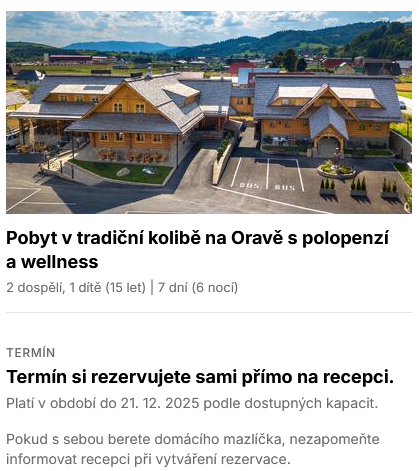 prodej nevyužitého voucheru  ubytování s polopenzí v Kolibě