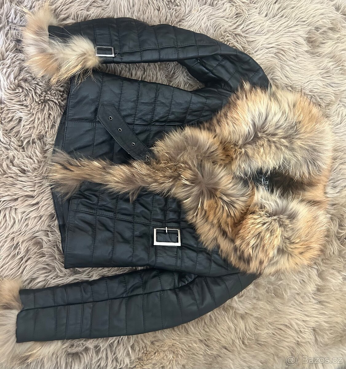Kožená dámská bunda s pravým kožíškem vel.S