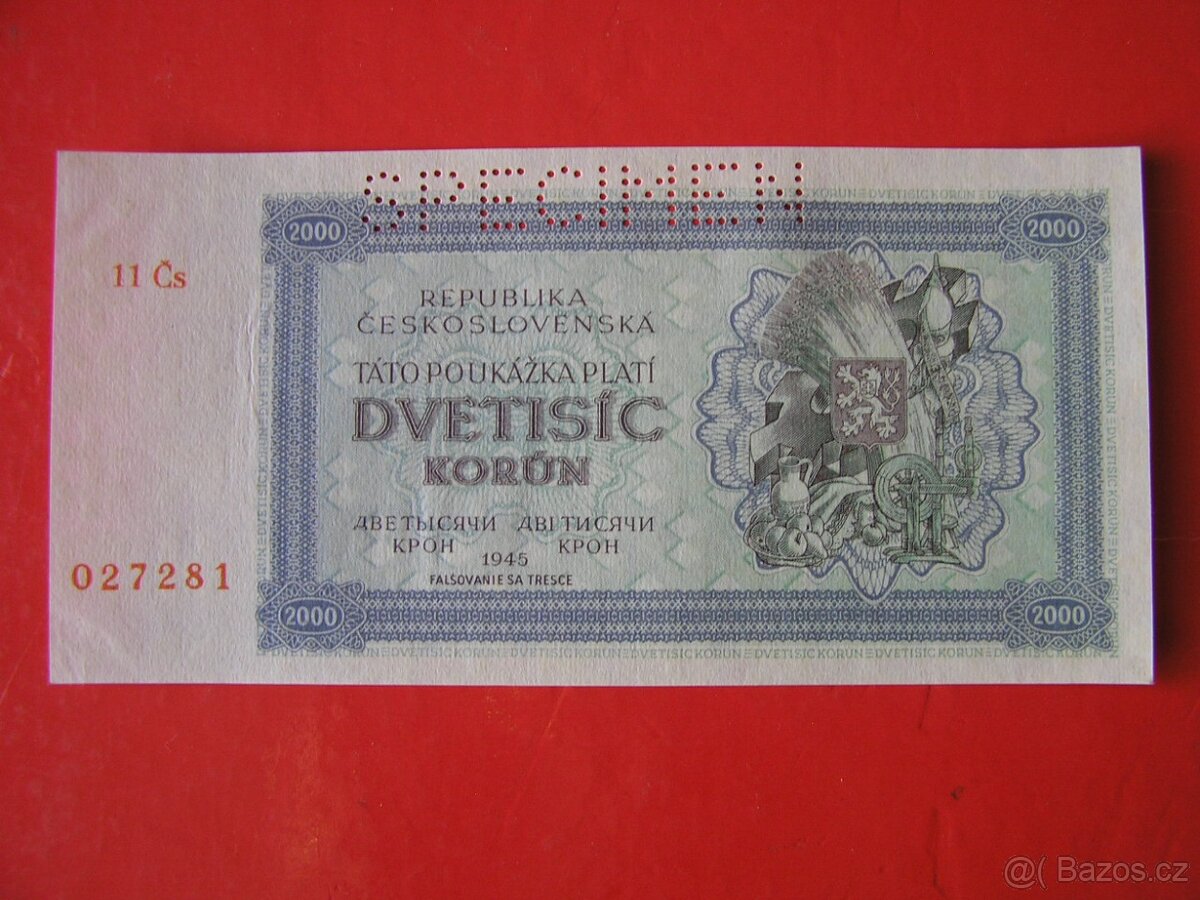 ČESKOSLOVENSKÉ BANKOVKY: VZÁCNA 2000-KORÚN-1945 Perf