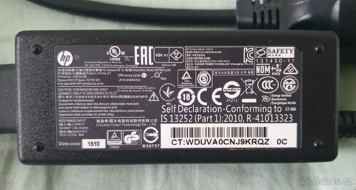 HP adaptér, zdroj, nabíječka k notebooku 19,5V, 2.31A, 45W