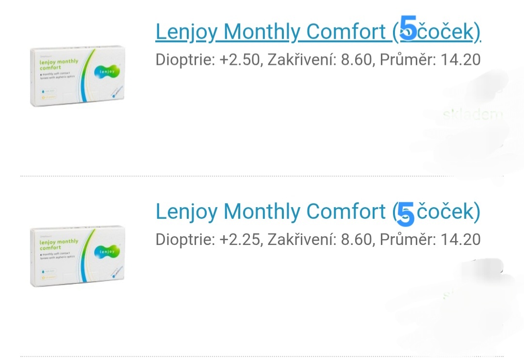 Kontaktní čočky dioptrie +2,50 a +2,25