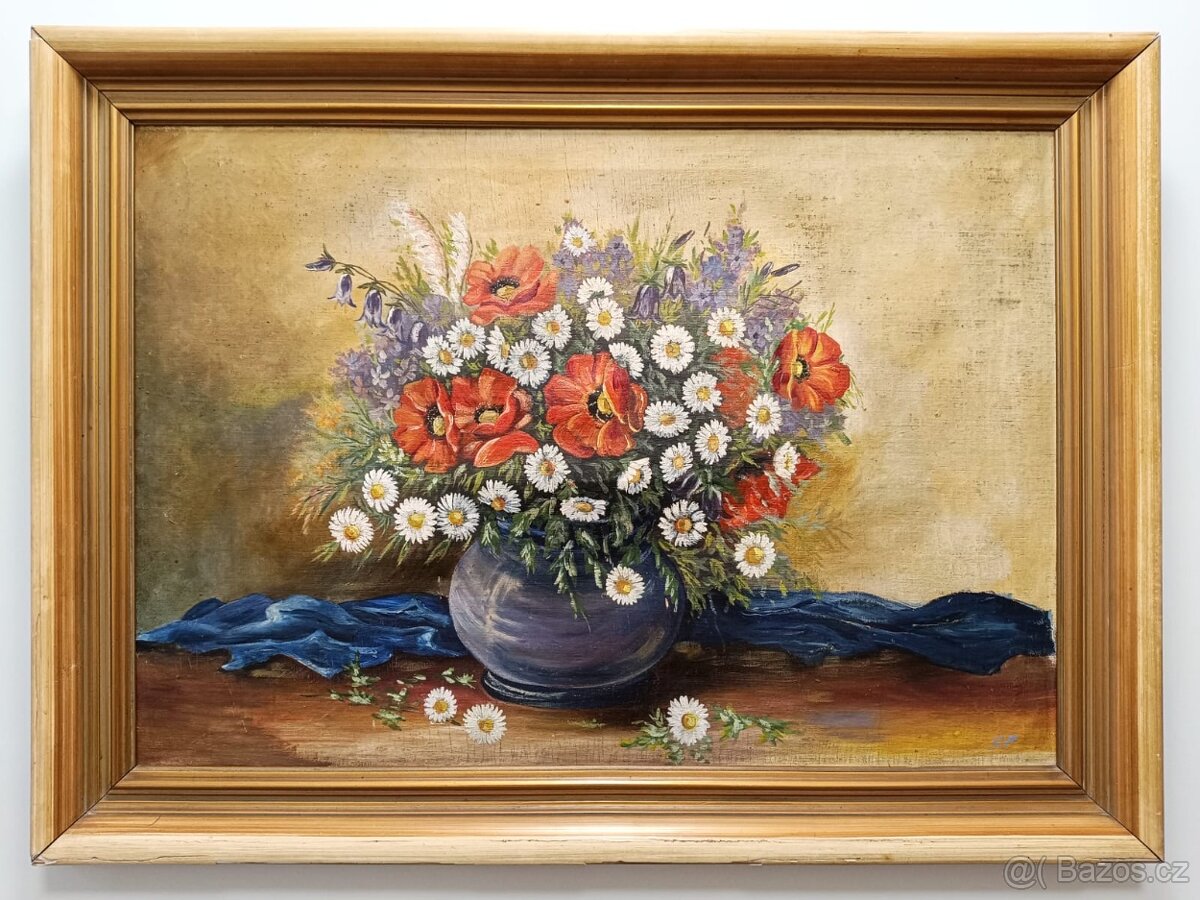 Obraz, Vlčí máky, kopretiny, zvonky, olej na plátně 83x112