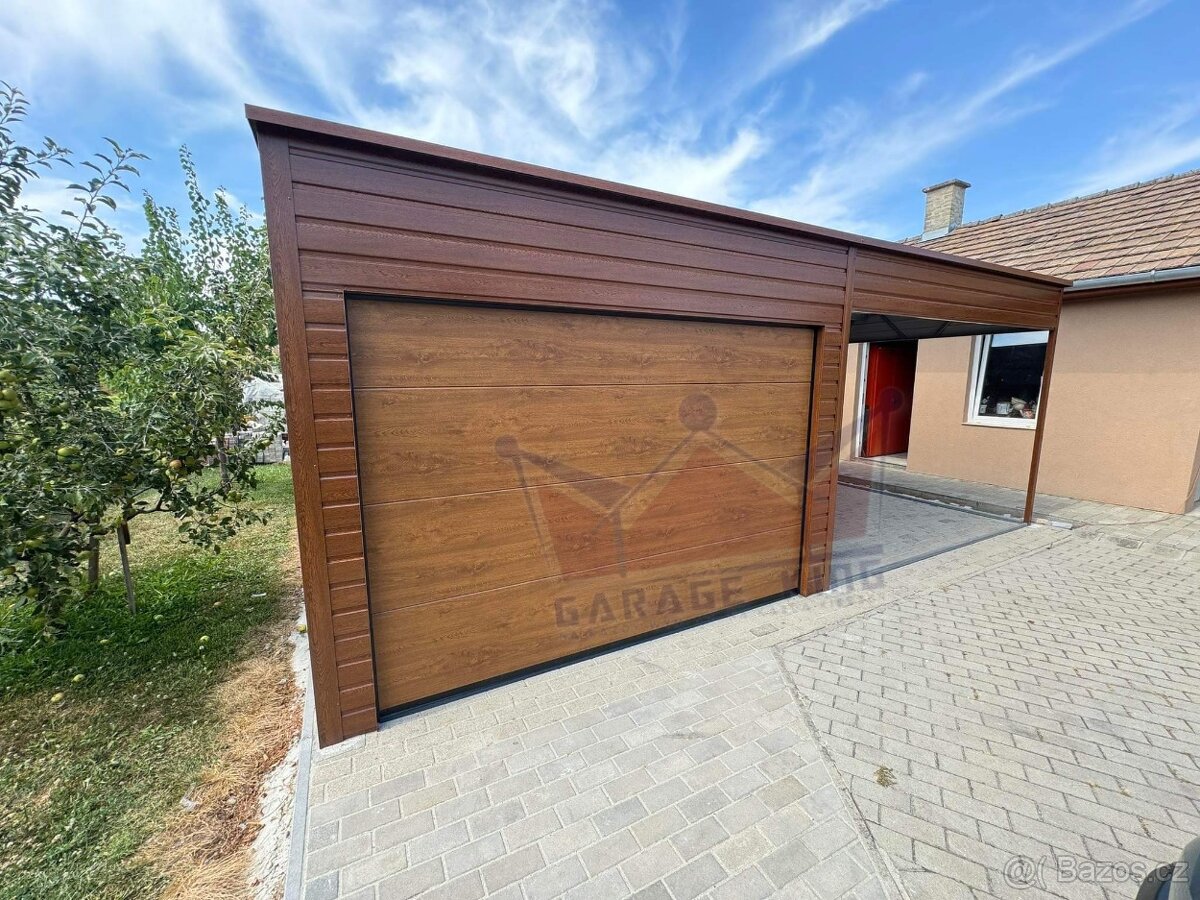 Plechová garáž 8x5 s přístřeškem - sekcni vrata