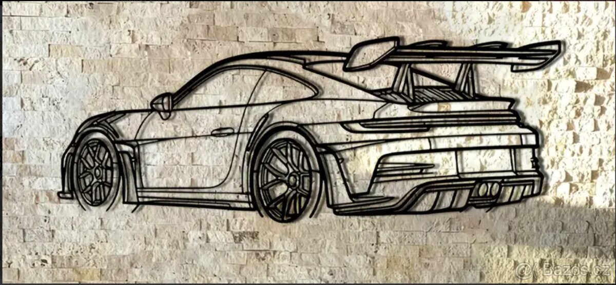 Minimalistické Kovové Nástěnné Umění – Sportovní Auto (Porsc