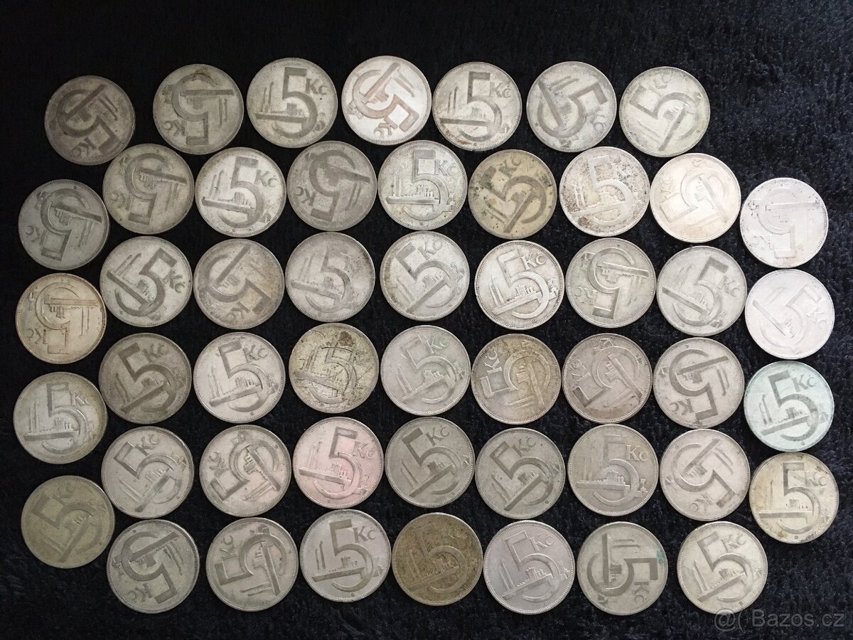 50 kusů 5 korun, vše stříbro 1928 až 1932, mince ČSR