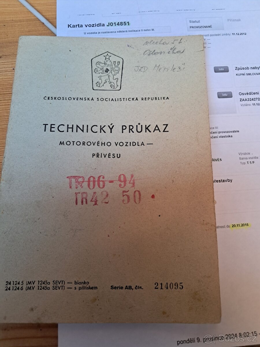 Prodám doklady vlek 5tun, traktorova vlečka
