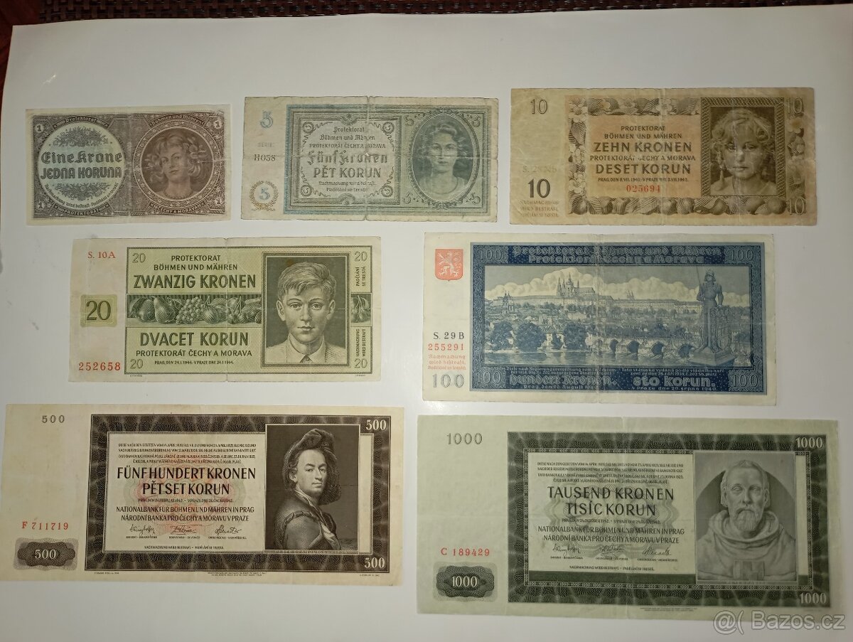 BANKOVKY 40. LÉTA PROTEKTORÁT, 1-1000 K, VŠE NEPERFOROVANÉ