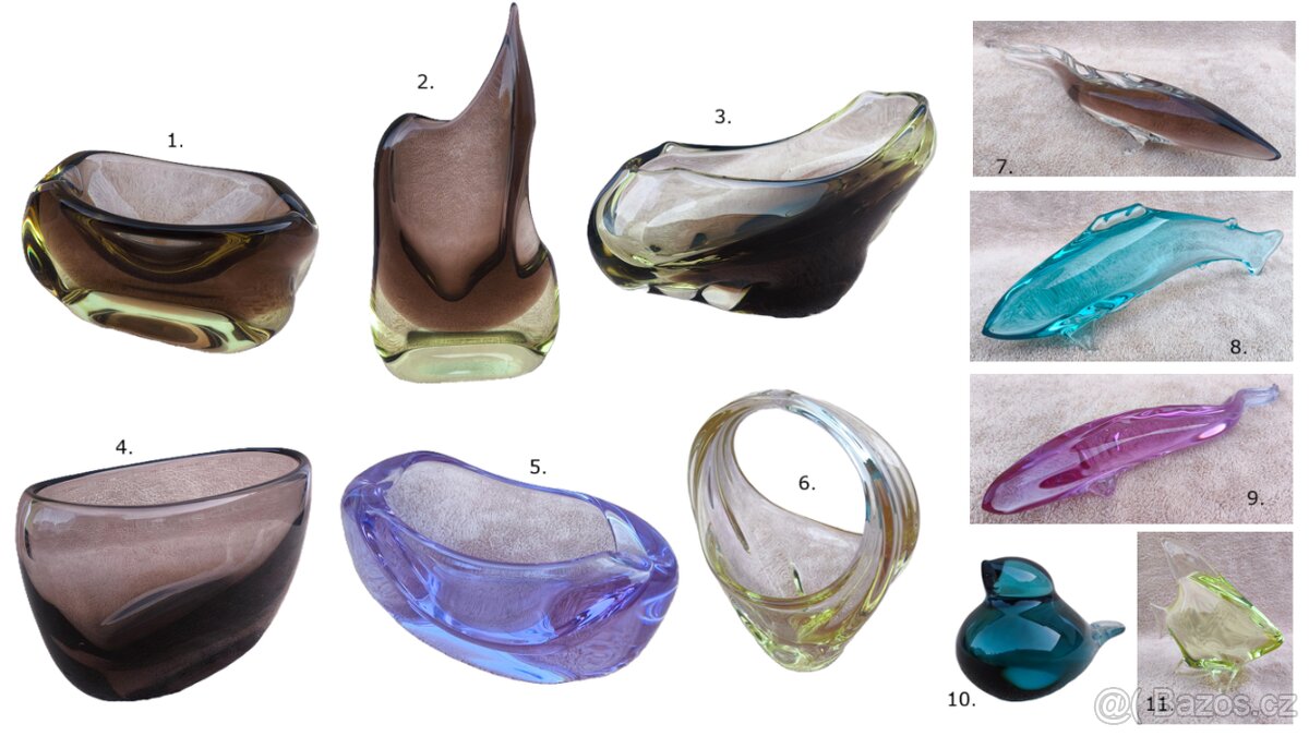 Různé předměty z hutního skla