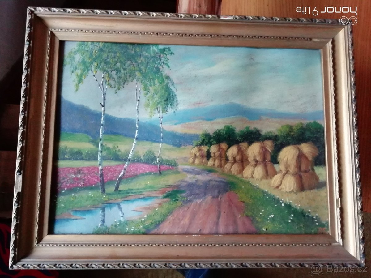 Obraz sklizně - krajina, olej na desce podpis AG