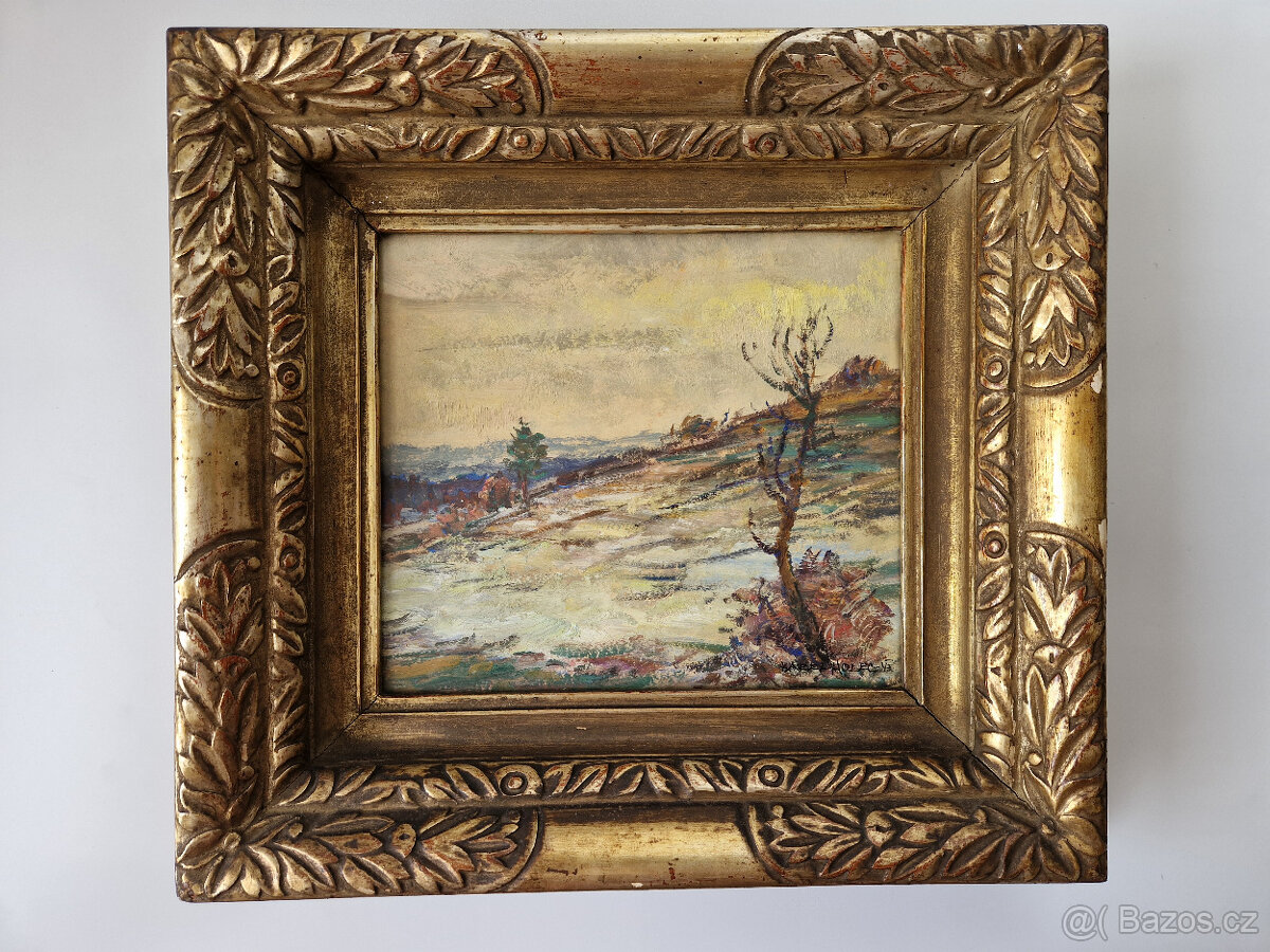 Starý obraz krajinka asi Přelouč? olej rám Karel Holec 1943