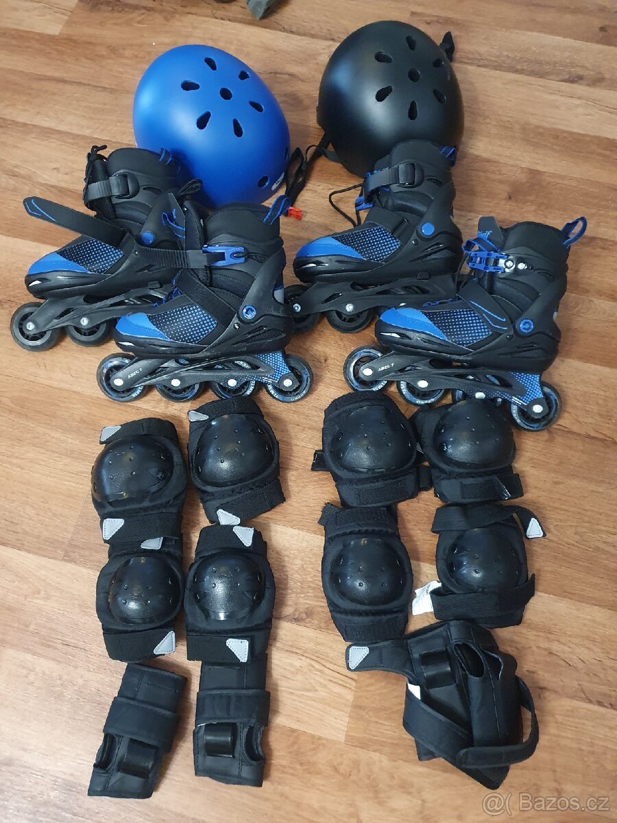 Dětské kolečkové brusle - dvě sady brusle, přilba, chrániče