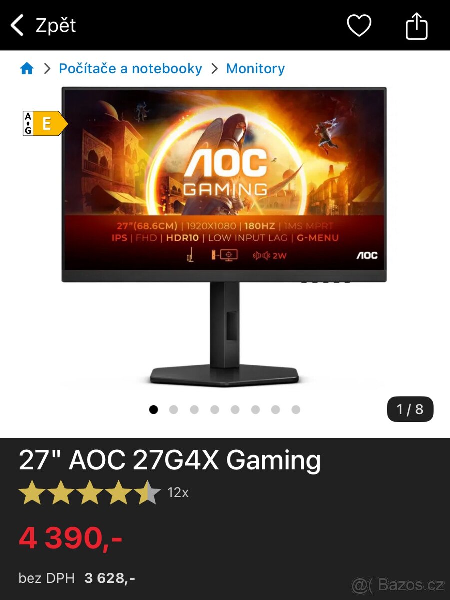 Prodám monitor 27" AOC 27G4X Gaming IPS 180hz