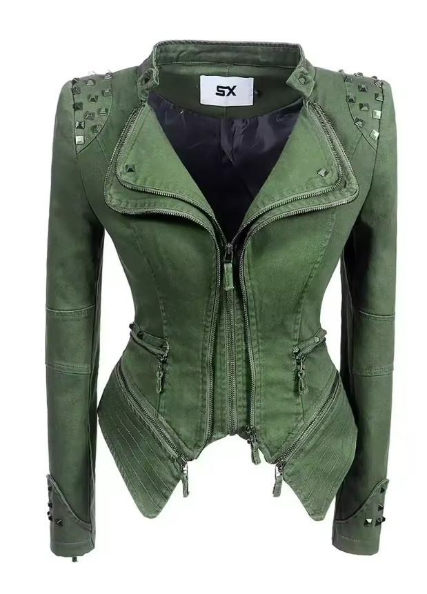 Khaki džínová bunda, motorkářský styl s cvočky