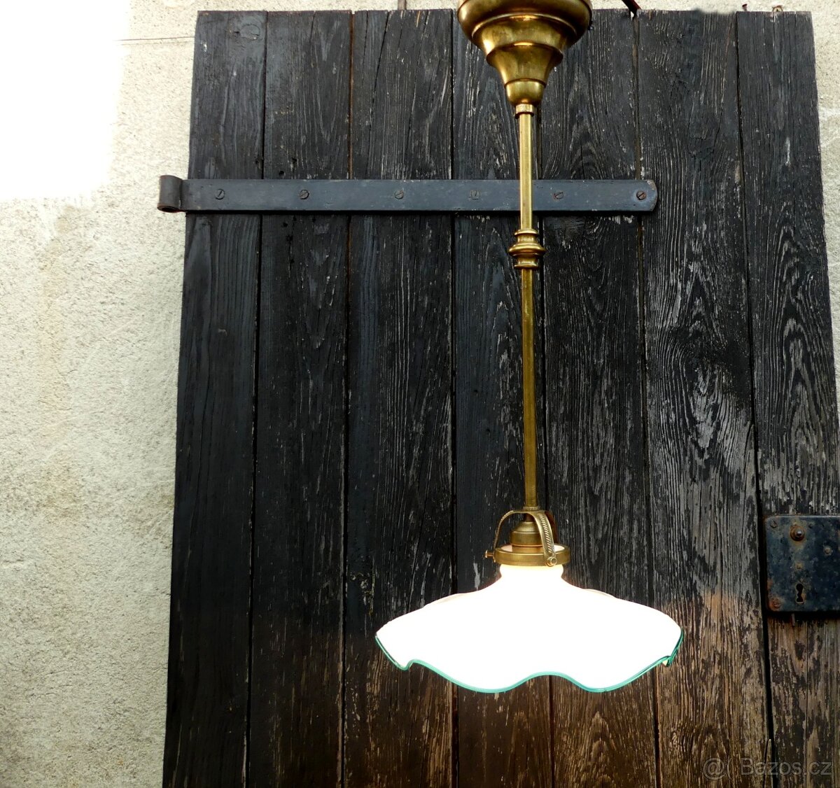 Starožitný lustr, stropnice , zelená linka, mosaz sklo