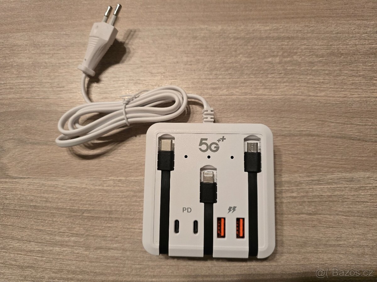 120W nabíječka do zásuvky USB3 + USB-C porty + kabely