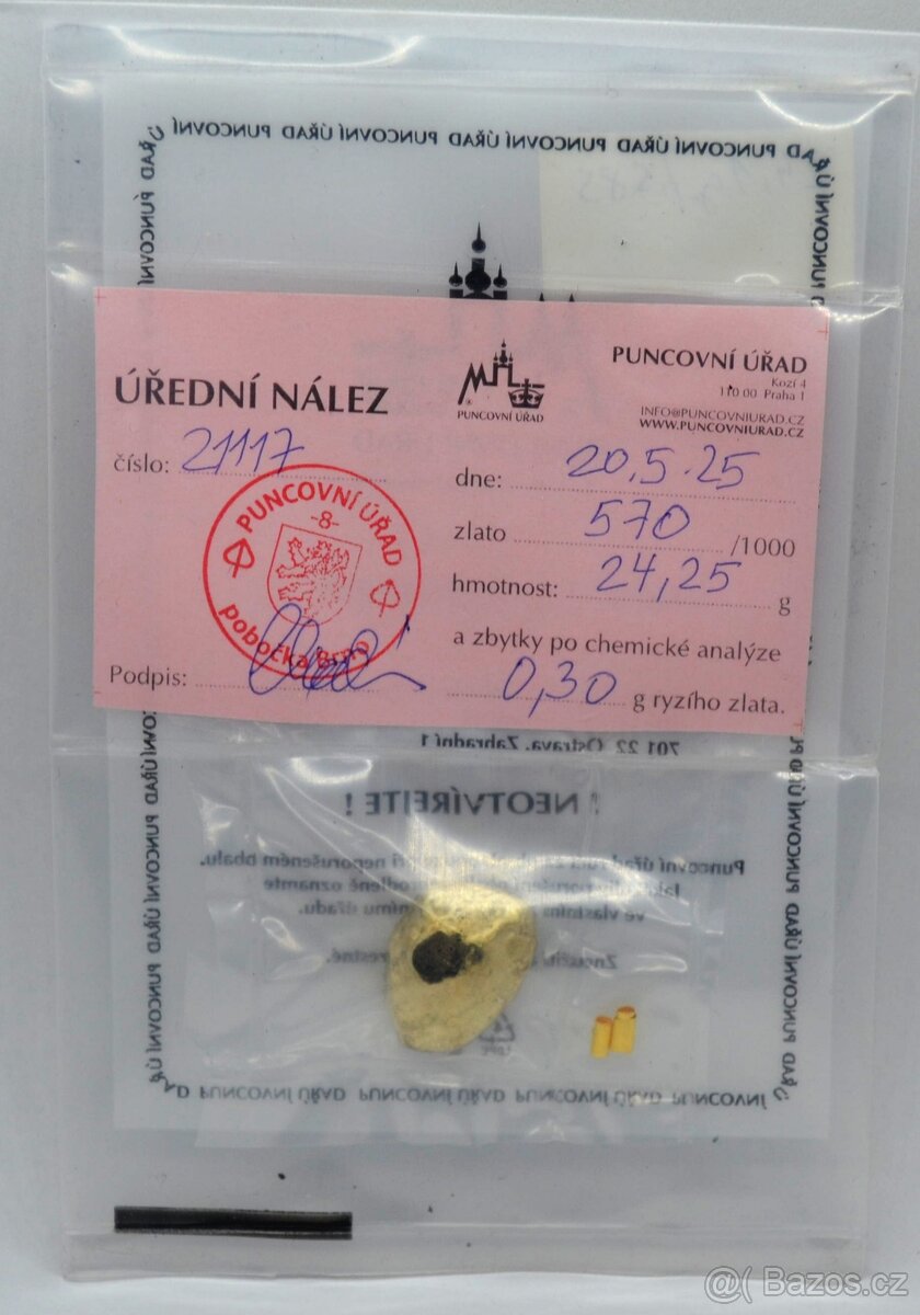 Zlatý slitek s úředním záznamem 24.1 g
