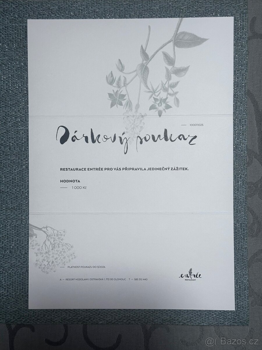 Dárkový poukaz restaurace ENTRÉE  - 4ks a 1000 kč