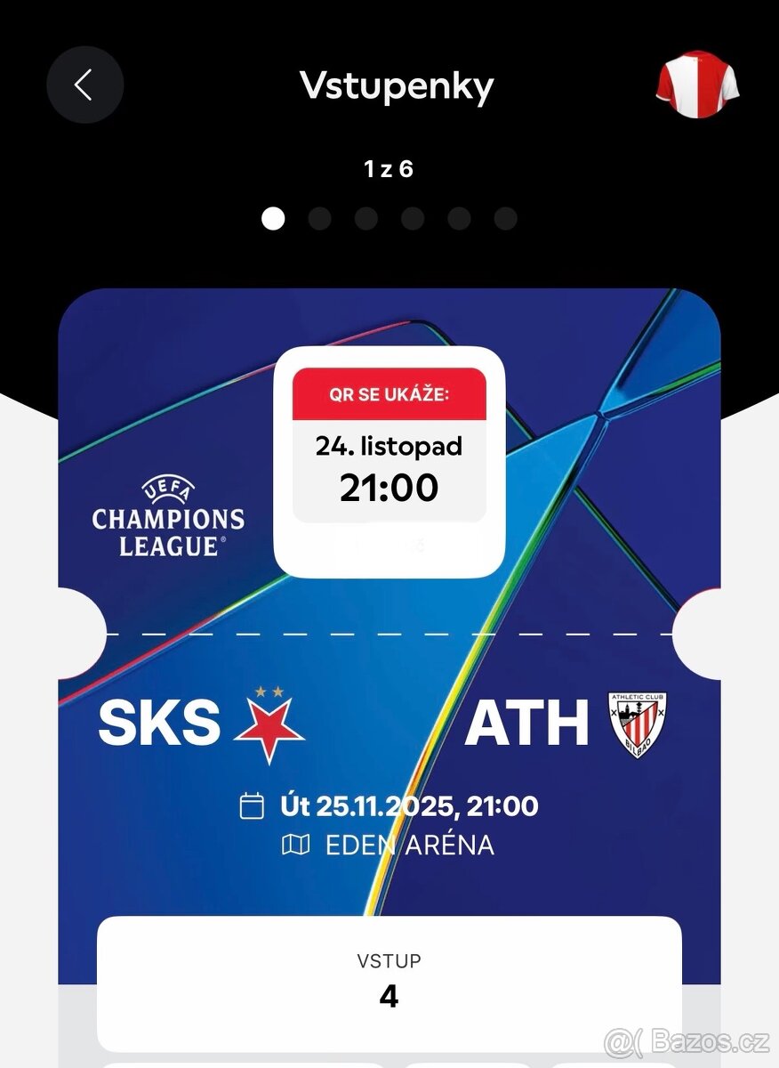 Prodám dospělý lístek na zápas ligy mistrů Slavia Bilbao