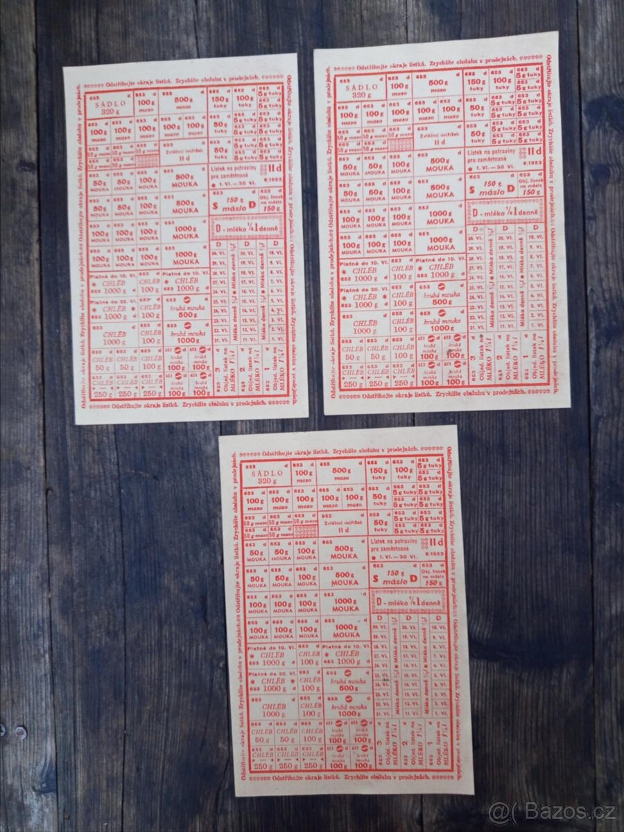 Staré potravinové lístky-3 archy uplné