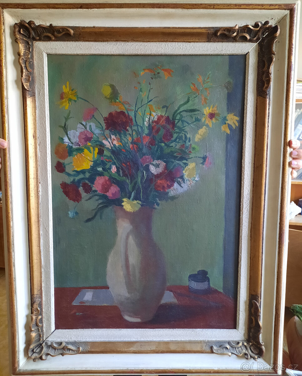Starožitný obraz v krásném rámu - květiny