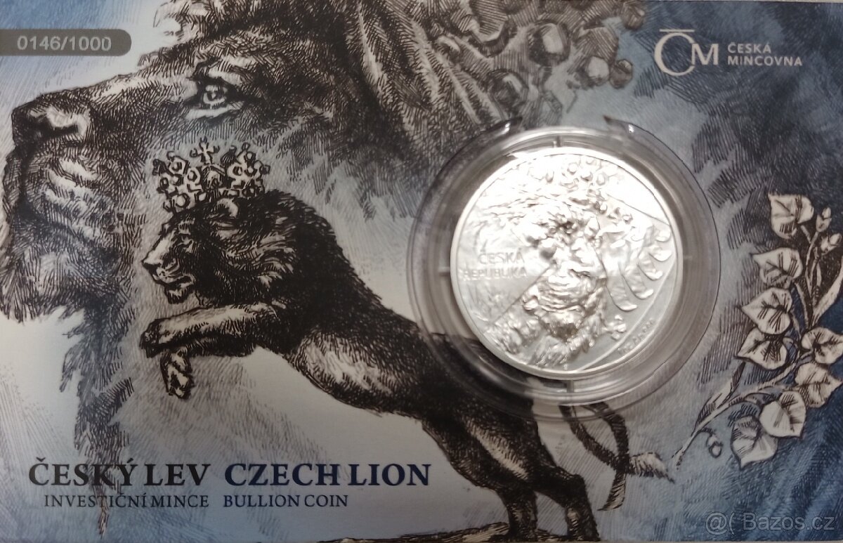 Stříbrná uncová mince Český lev 2024 číslovaný 0146