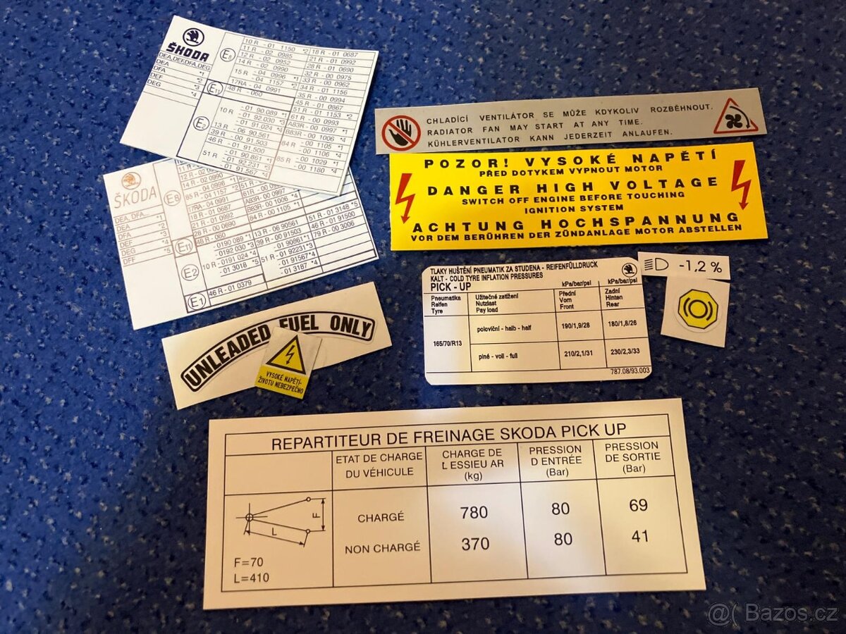Škoda Favorit PICK-UP komplet SADA samolepky s upozorněními