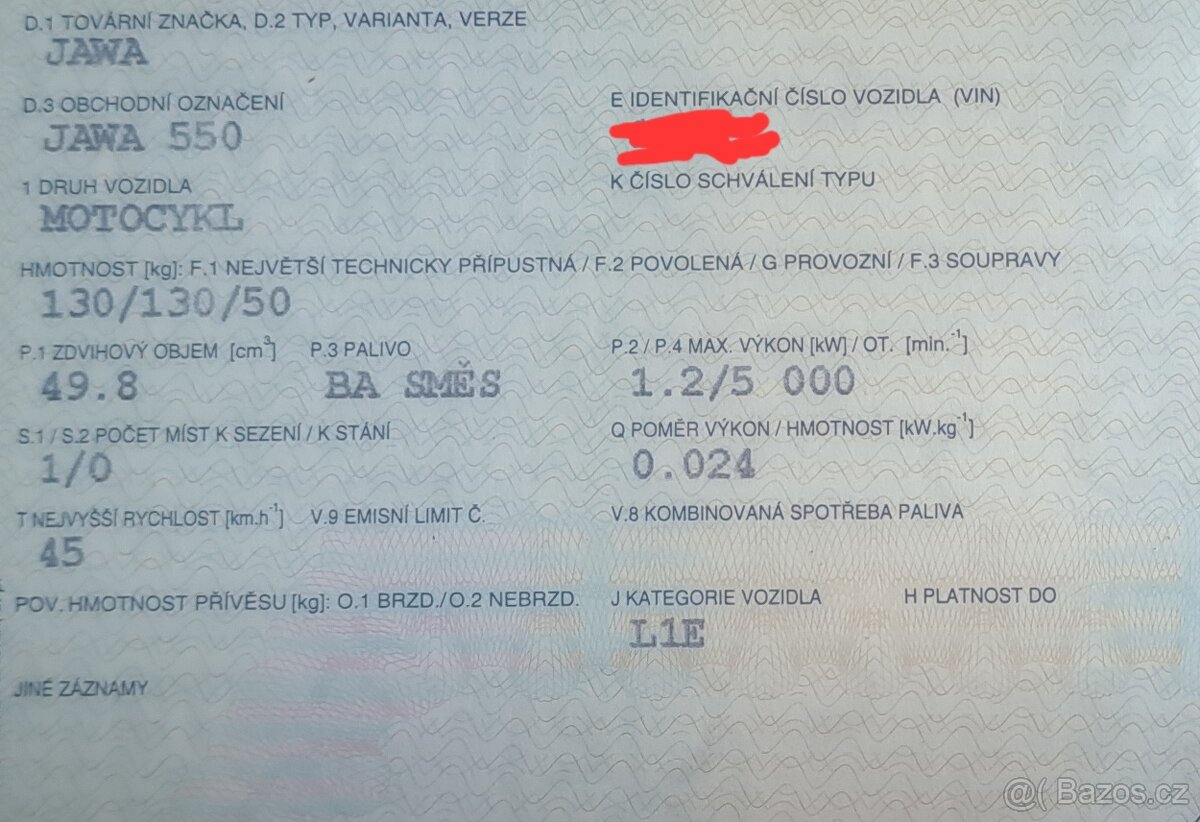 Doklady Jawa 50 / 550 Pařez