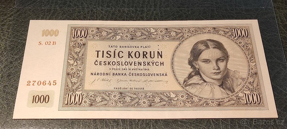 1000 k. ČSR 1945 série B 02 perforace 3 m.d. top stav